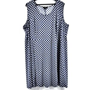 Ellos Fit & Flare Dress Sz 3X Midi Blue White Stretch Sleeveless Feminine Summer